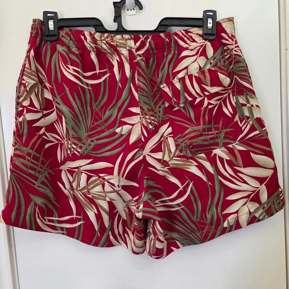Paradise Coves Mens Red Tropical Palm Leaf Print Swim Trunks Mesh Lined Size M
